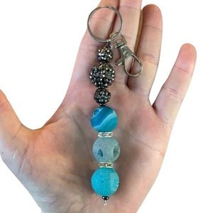 Blue agate druzy beaded keychain